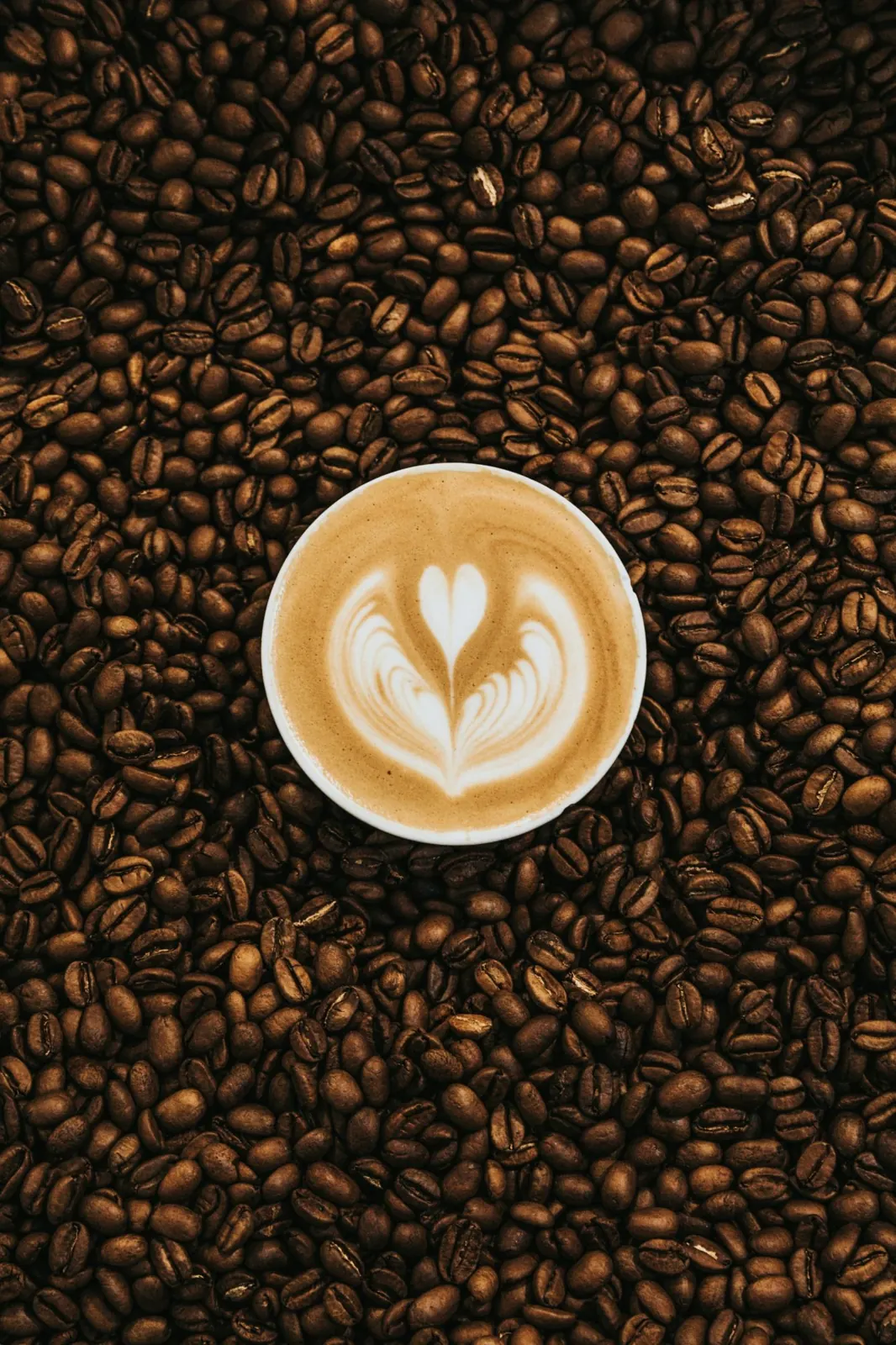 Cappuccino with latte art on coffee beans